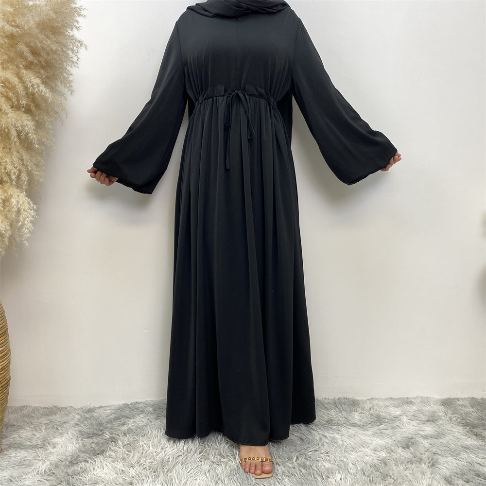 Black maternity and nursing-friendly abaya with waist tie