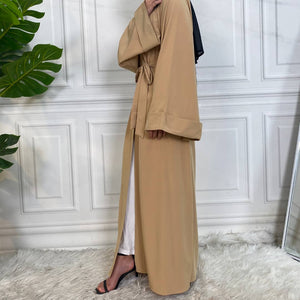 Side view of Dua open abaya in soft polyester fabric with modest flow