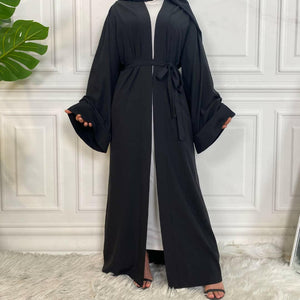 Dua open abaya in soft polyester with flowy design and matching belt