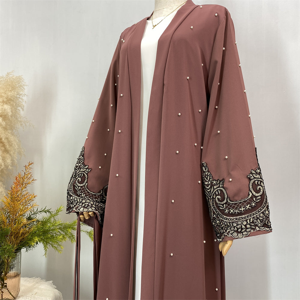 Bronze embroidered sleeve open abaya for modest fashion