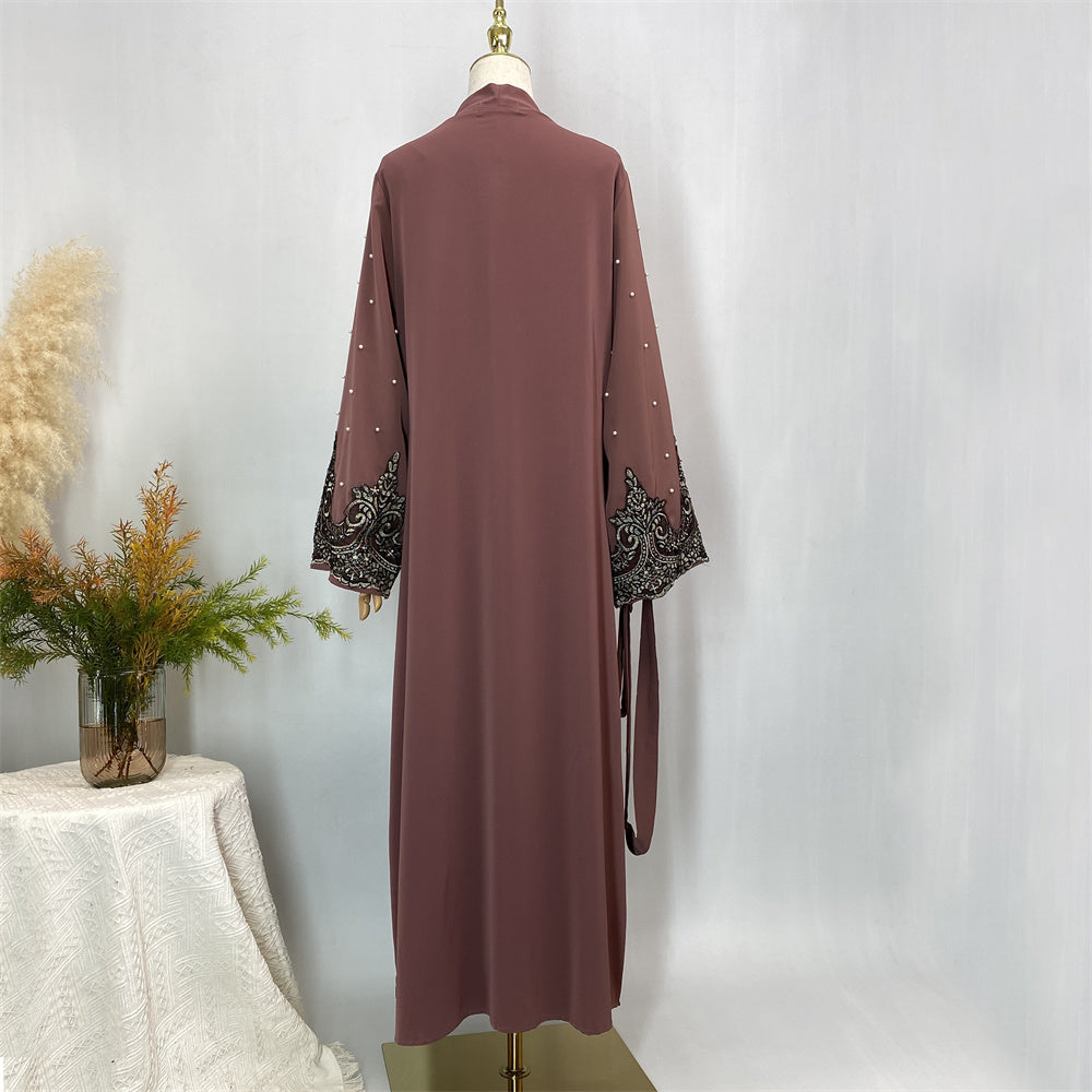 Bronze embroidered sleeve open abaya for modest fashion
