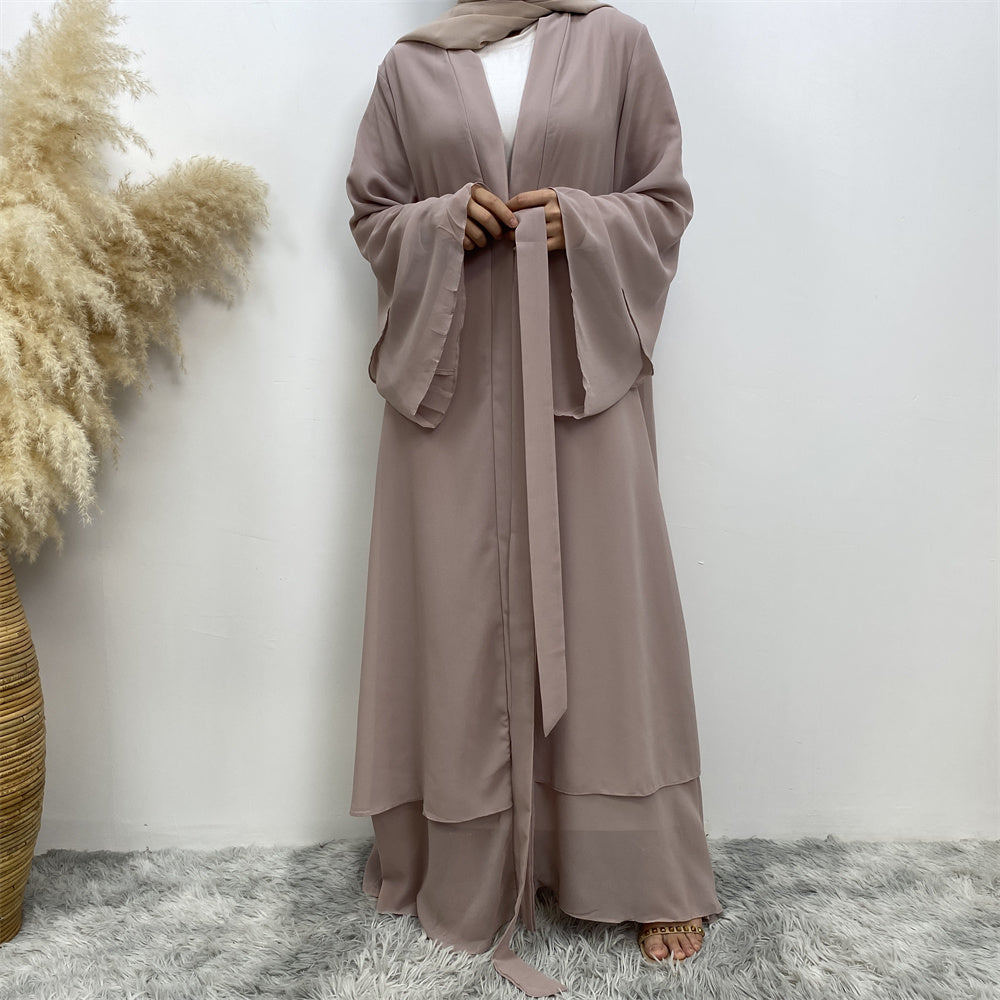 Front view of Malaika 2-tier open abaya in chiffon