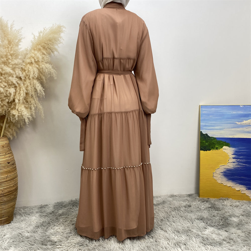 Back view of Gazala open abaya showing flowy chiffon georgette drapes
