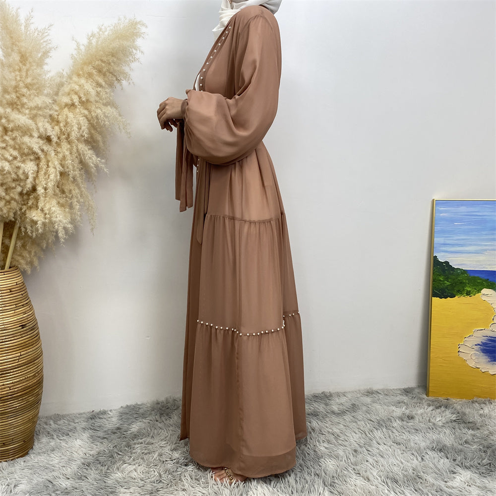 Side view of Gazala open abaya showing flowy chiffon georgette drapes