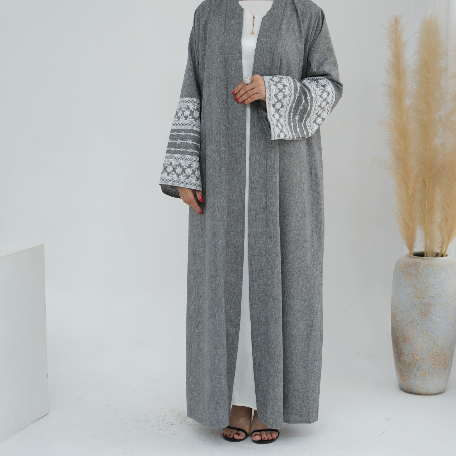 Embroidered Sleeve Grey Linen Open Abaya.