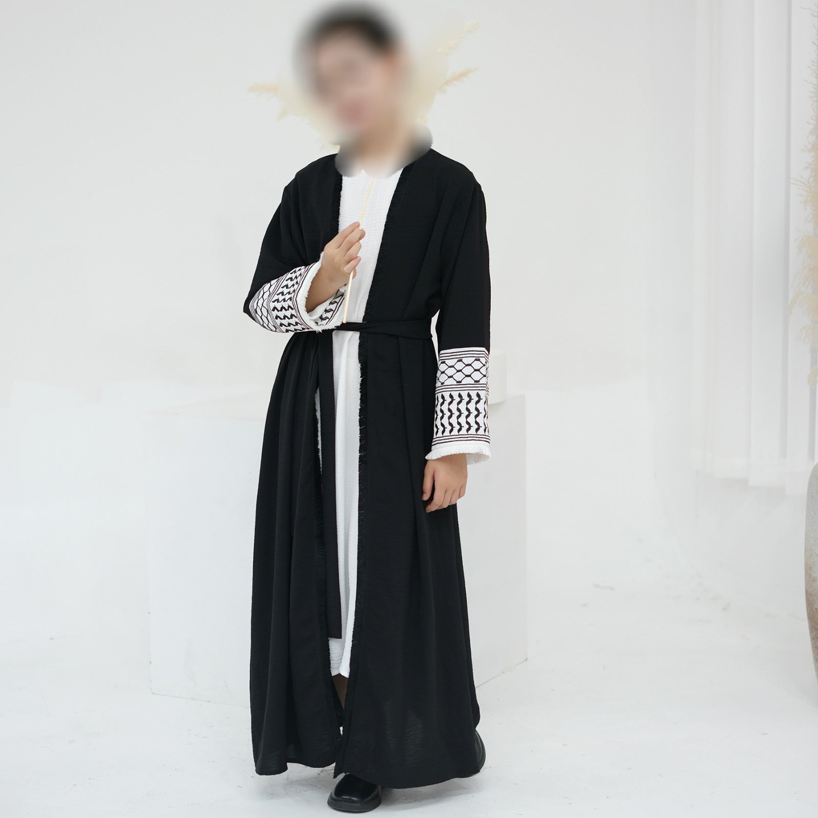 Keffiyeh Embroidered Sleeve Black Children Mum and Kids Open Abaya.