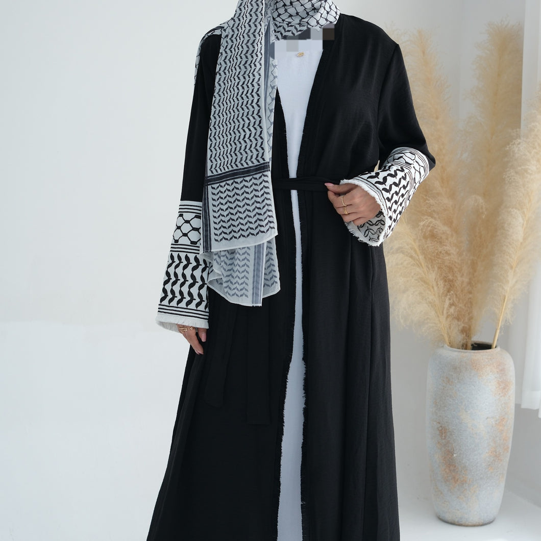 Keffiyeh Embroidered Sleeve Black Crepe Open Abaya