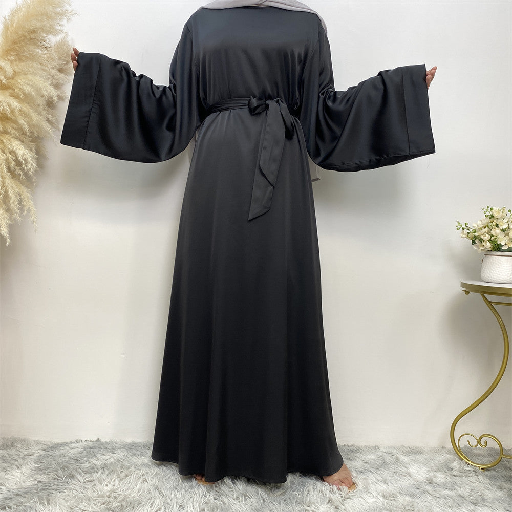 Hira satin abaya with luxury sheen, loose fit and matching belt