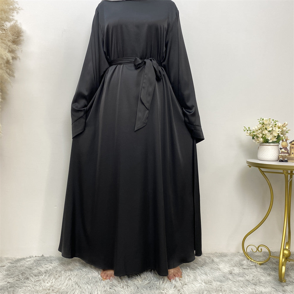 Hira satin abaya with luxury sheen, loose fit and matching belt