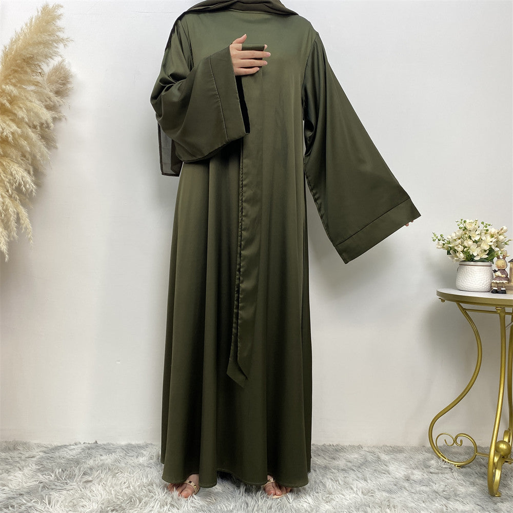 Hira satin abaya with luxury sheen, loose fit and matching belt