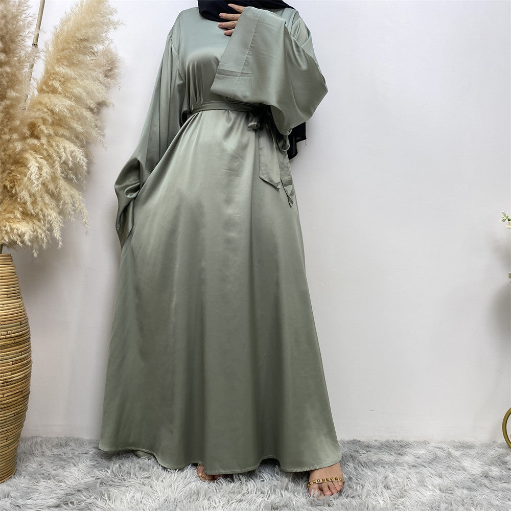 Hira satin abaya with luxury sheen, loose fit and matching belt