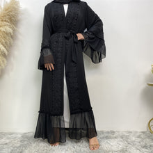 Load image into Gallery viewer, Maya Black Lace Ruffle Open Abaya
