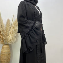 Load image into Gallery viewer, Maya Black Lace Ruffle Open Abaya

