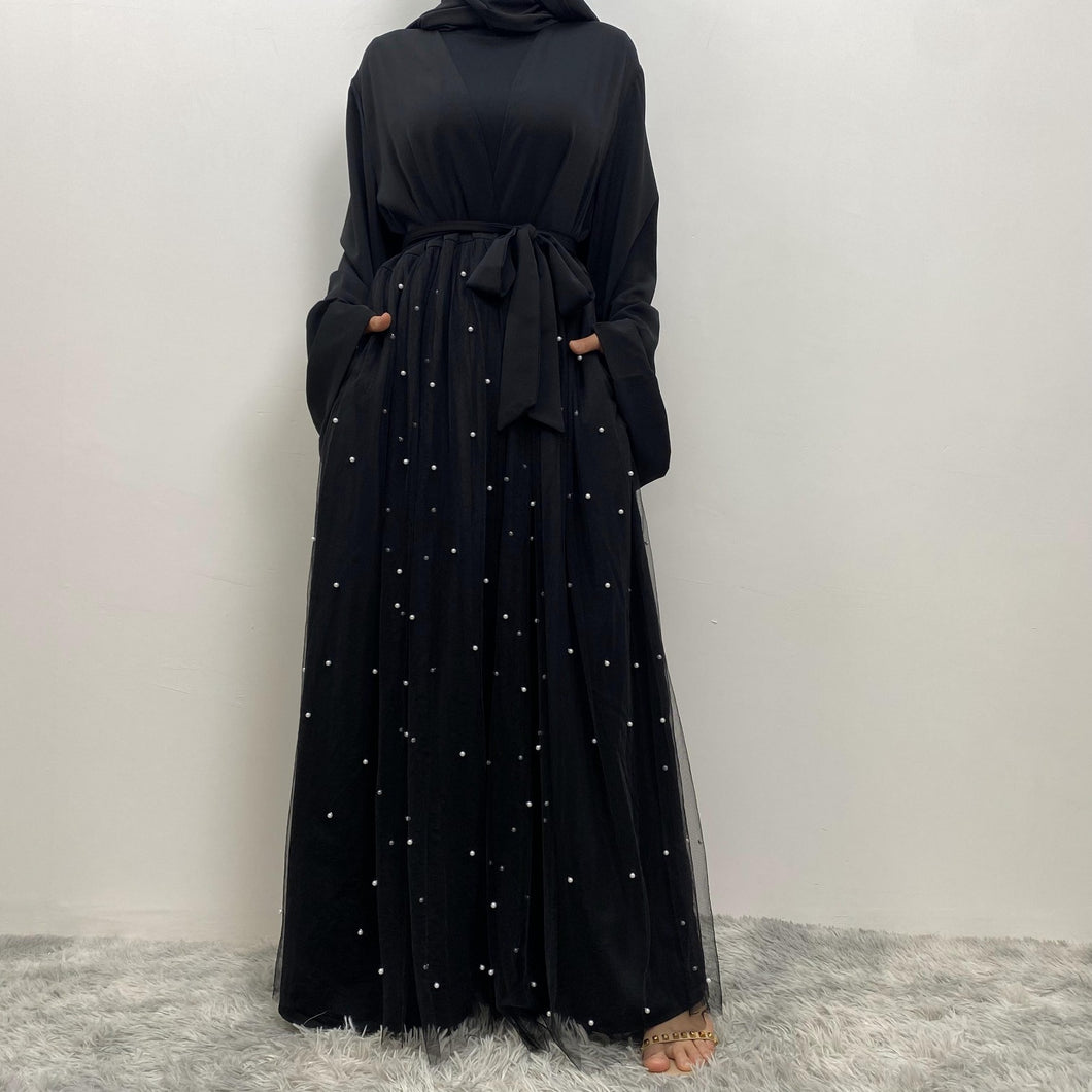 Laila Black Net and Pearl Open Abaya EXCLUSIVE BY JM