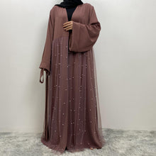 Load image into Gallery viewer, Laila Mauve Net and Pearl Open Abaya EXCLUSIVE BY JM
