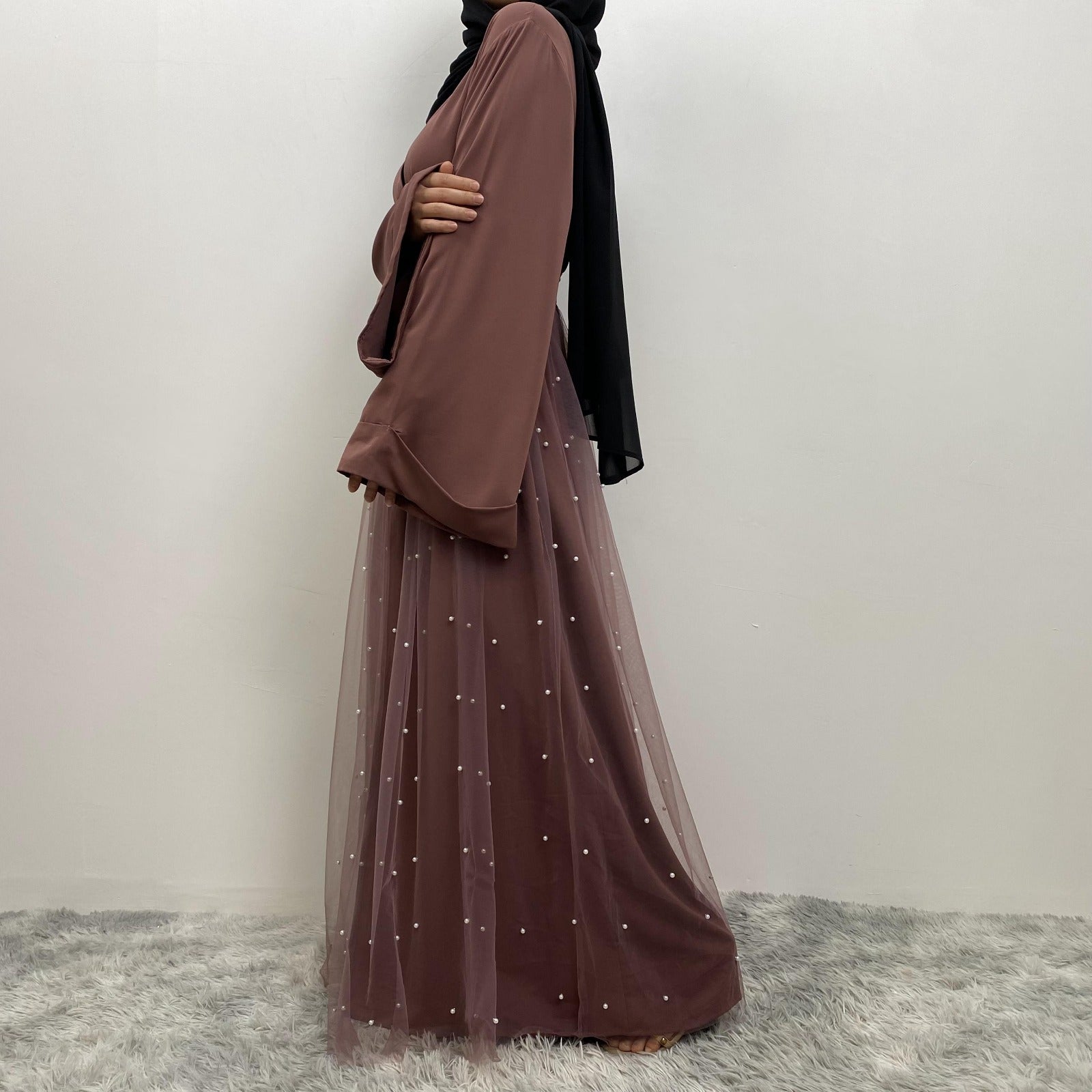 Laila Net & Pearl Open Abaya | Luxury Occasion Wear – Jamila Modesty