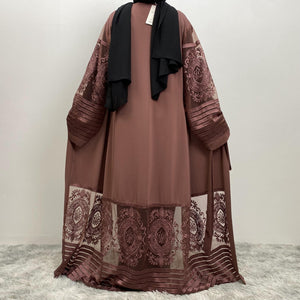 Arya open abaya layered with abaya slip dress for modest fashion look