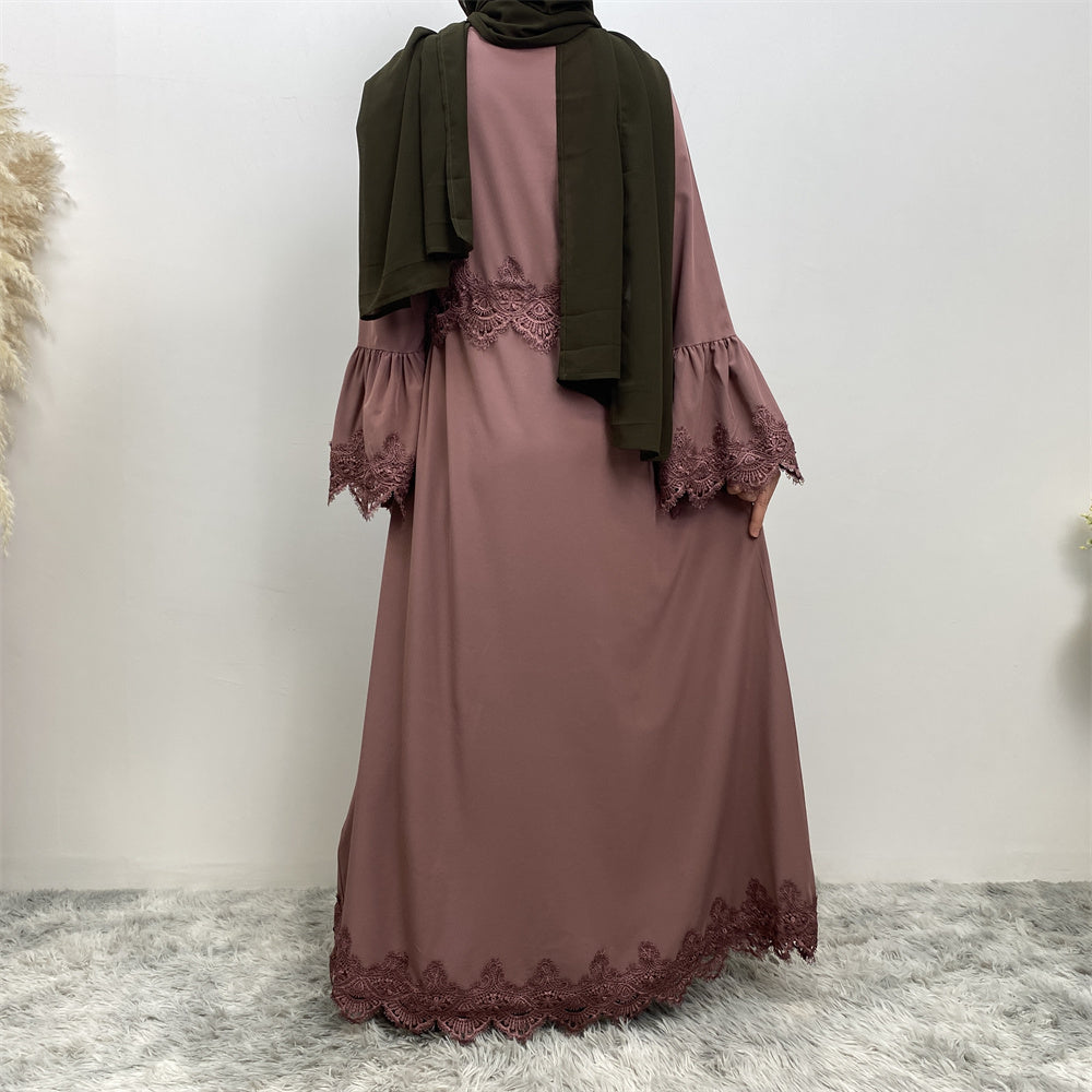 Back view of pleated waist lace trim abaya