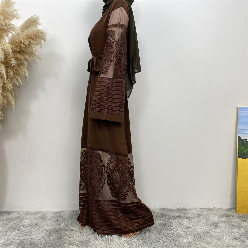 Side view of Arya open abaya showing modest flow, lace detail, and practical pockets
