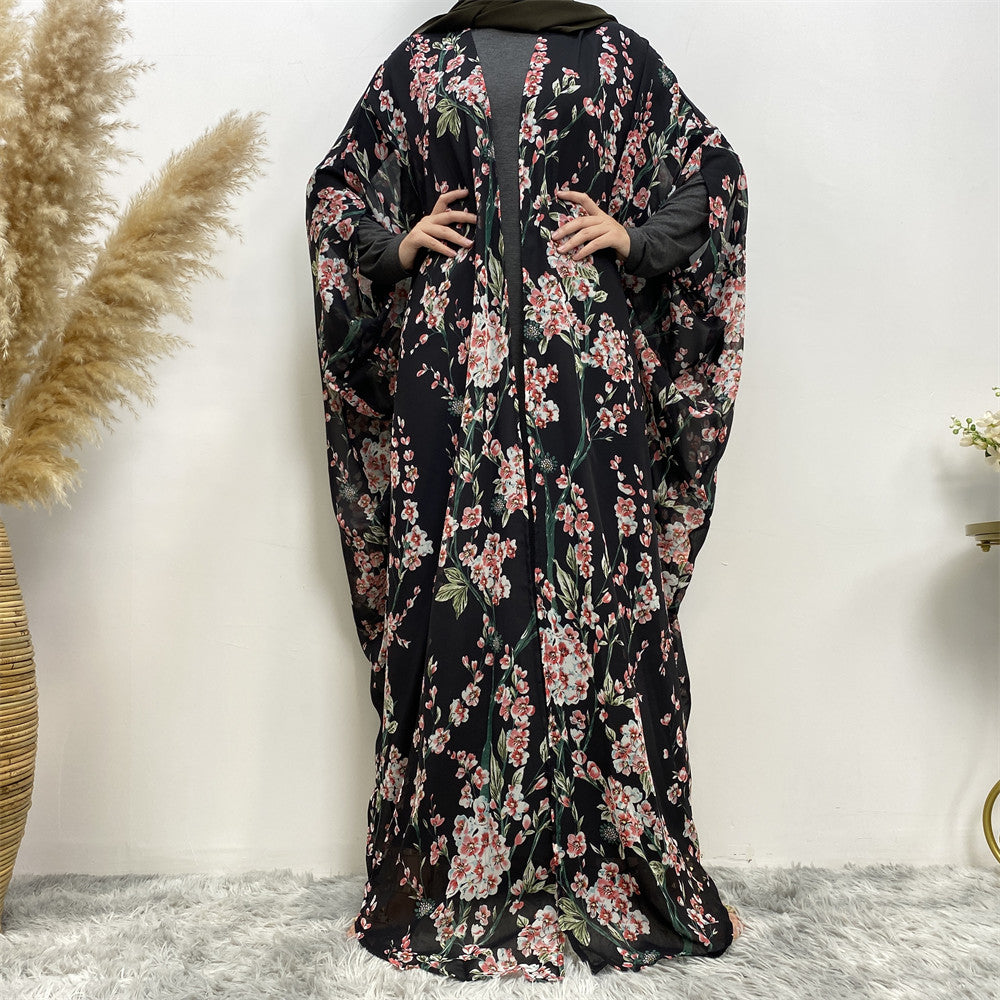 Saba Floral Batwing Black Chiffon Georgette Open Bisht Abaya