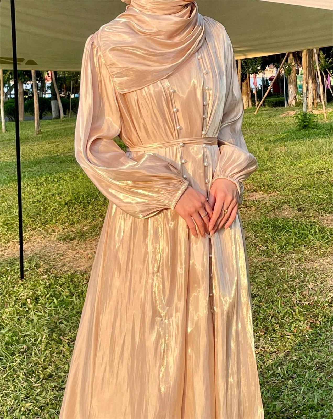 Imaan Ivory Gold Champagne Pearl 5 Piece Organza Shimmer Abaya Set.