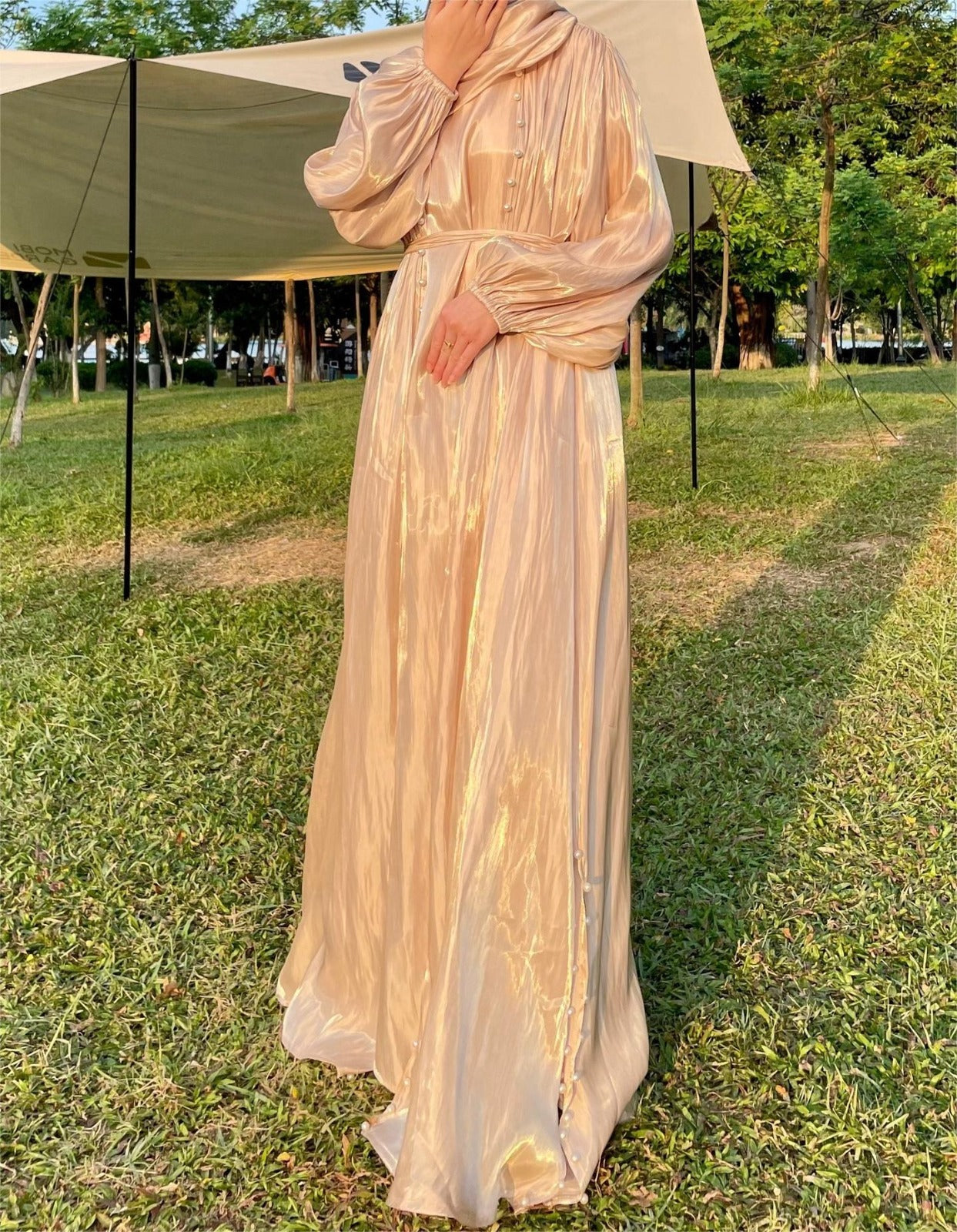 Imaan Ivory Gold Champagne Pearl 5 Piece Organza Shimmer Abaya Set.