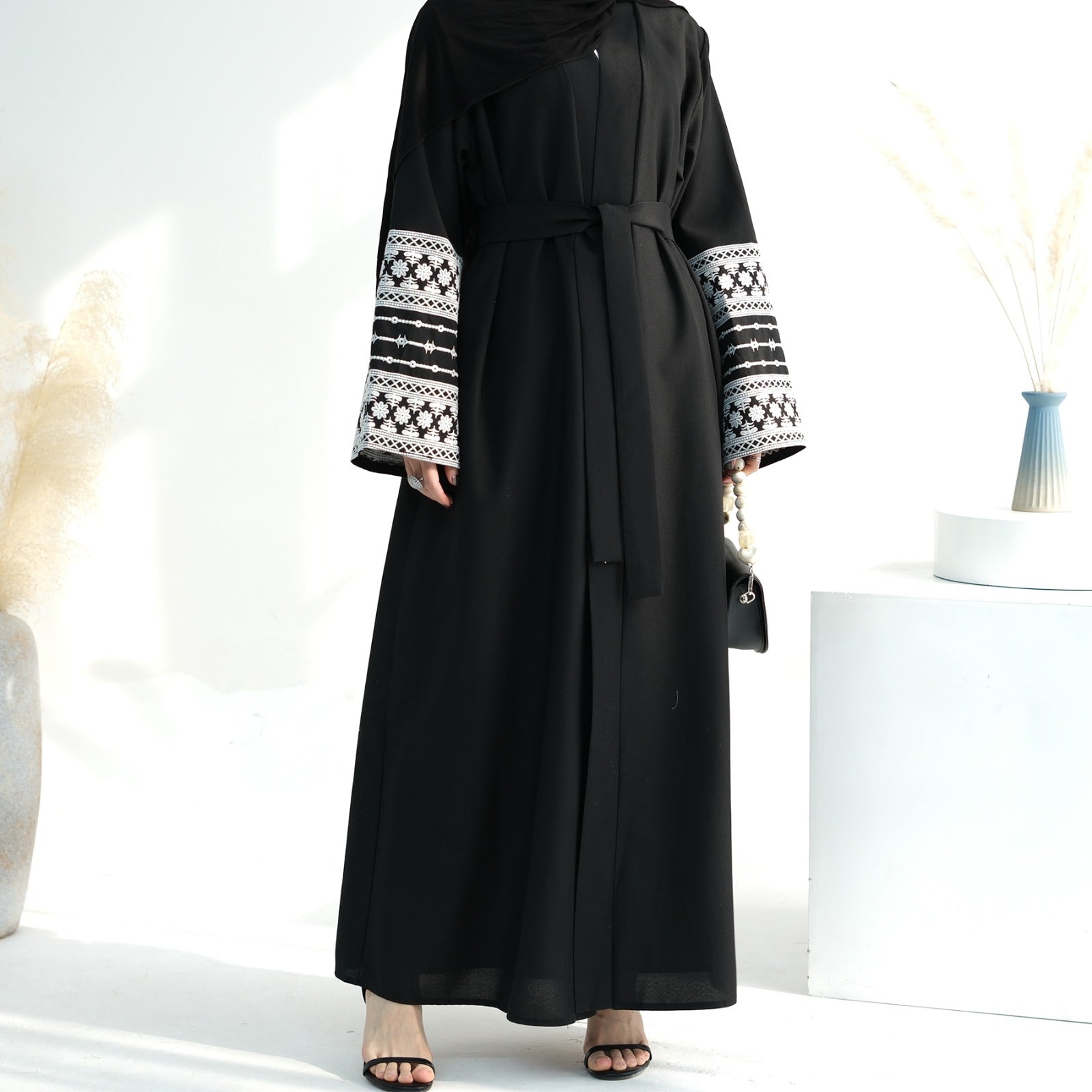 Embroidered Sleeve Black Linen Open Abaya.