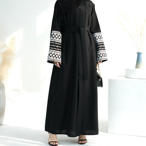 Embroidered Sleeve Black Linen Open Abaya.