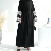 Load image into Gallery viewer, Embroidered Sleeve Black Linen Open Abaya
