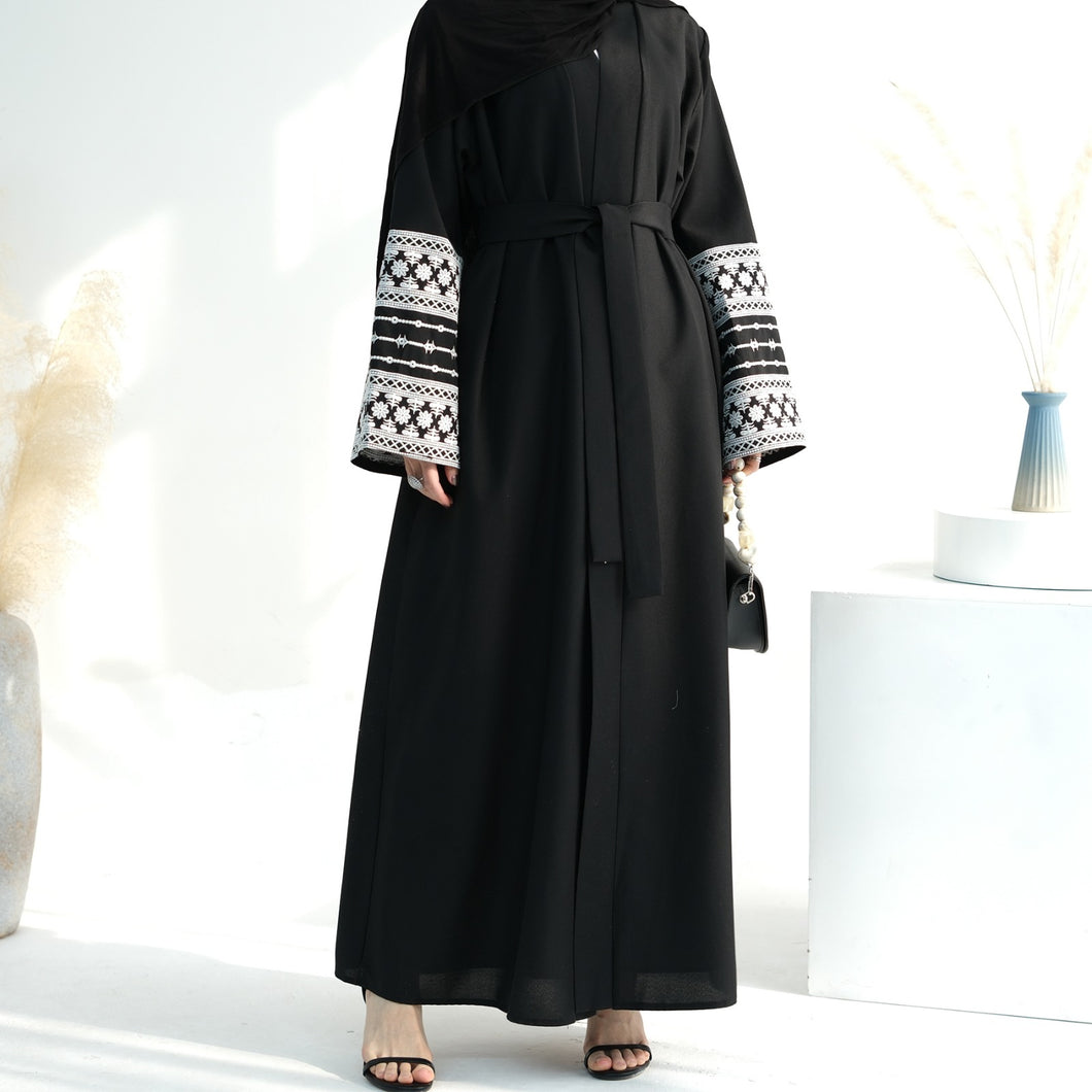 Embroidered Sleeve Black Linen Open Abaya