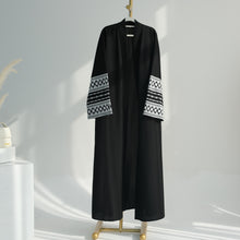 Load image into Gallery viewer, Embroidered Sleeve Black Linen Open Abaya
