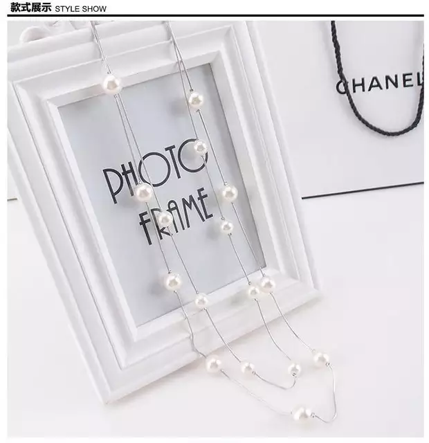 Long Faux Pearl Silver Chain Abaya Necklace