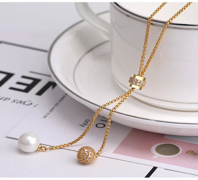 Long Gold Ball and Pearl Adjustable Pendant Abaya Necklace