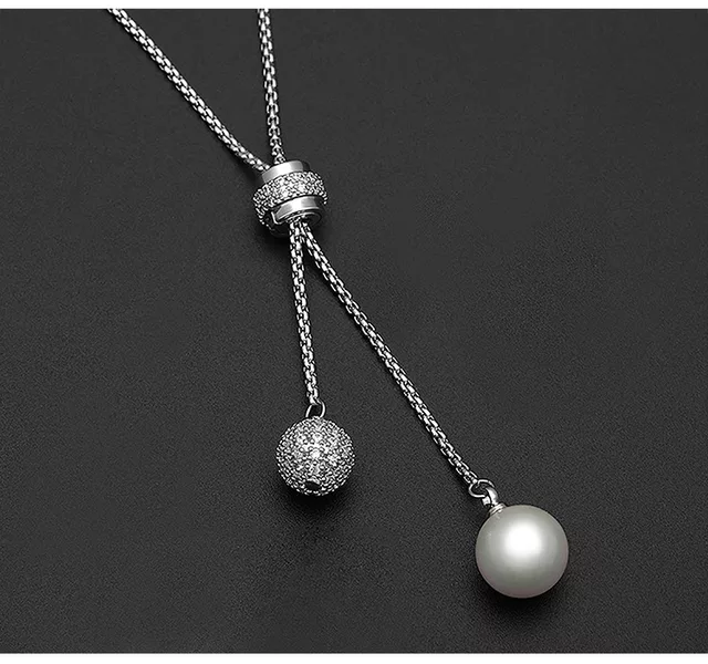 Long Silver Ball and Pearl Adjustable Pendant Abaya Necklace