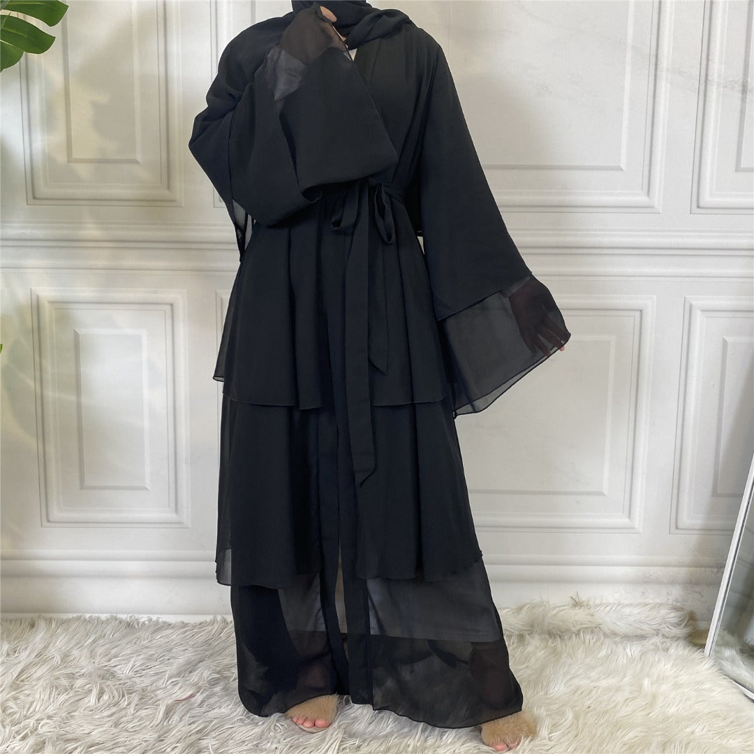 Malaika 3 Tier Black Open Abaya