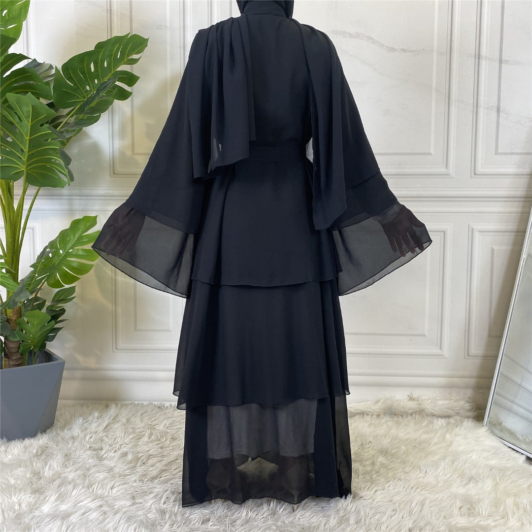 Malaika 3 Tier Black Open Abaya