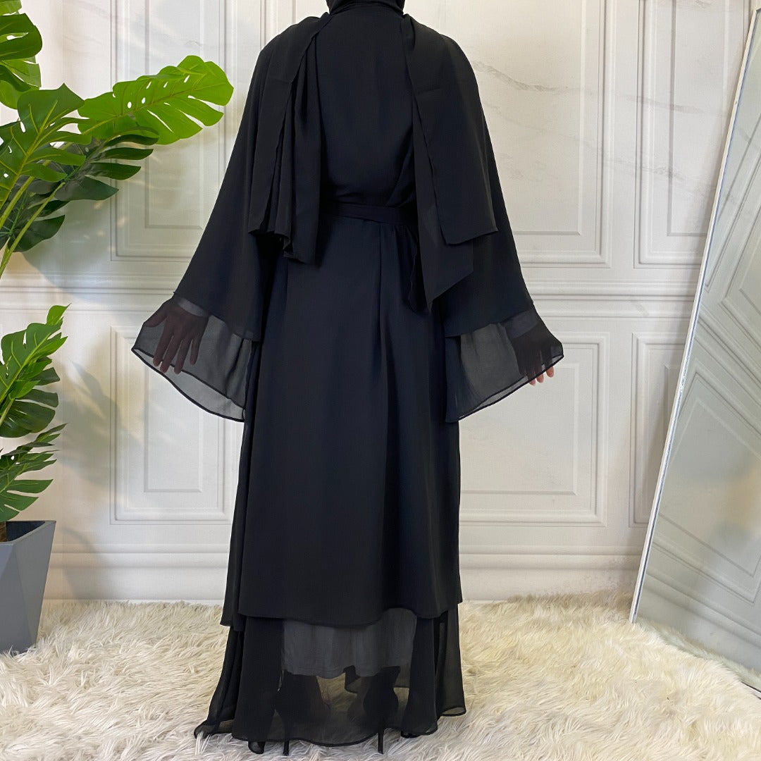 Back view of layered chiffon open abaya with belt