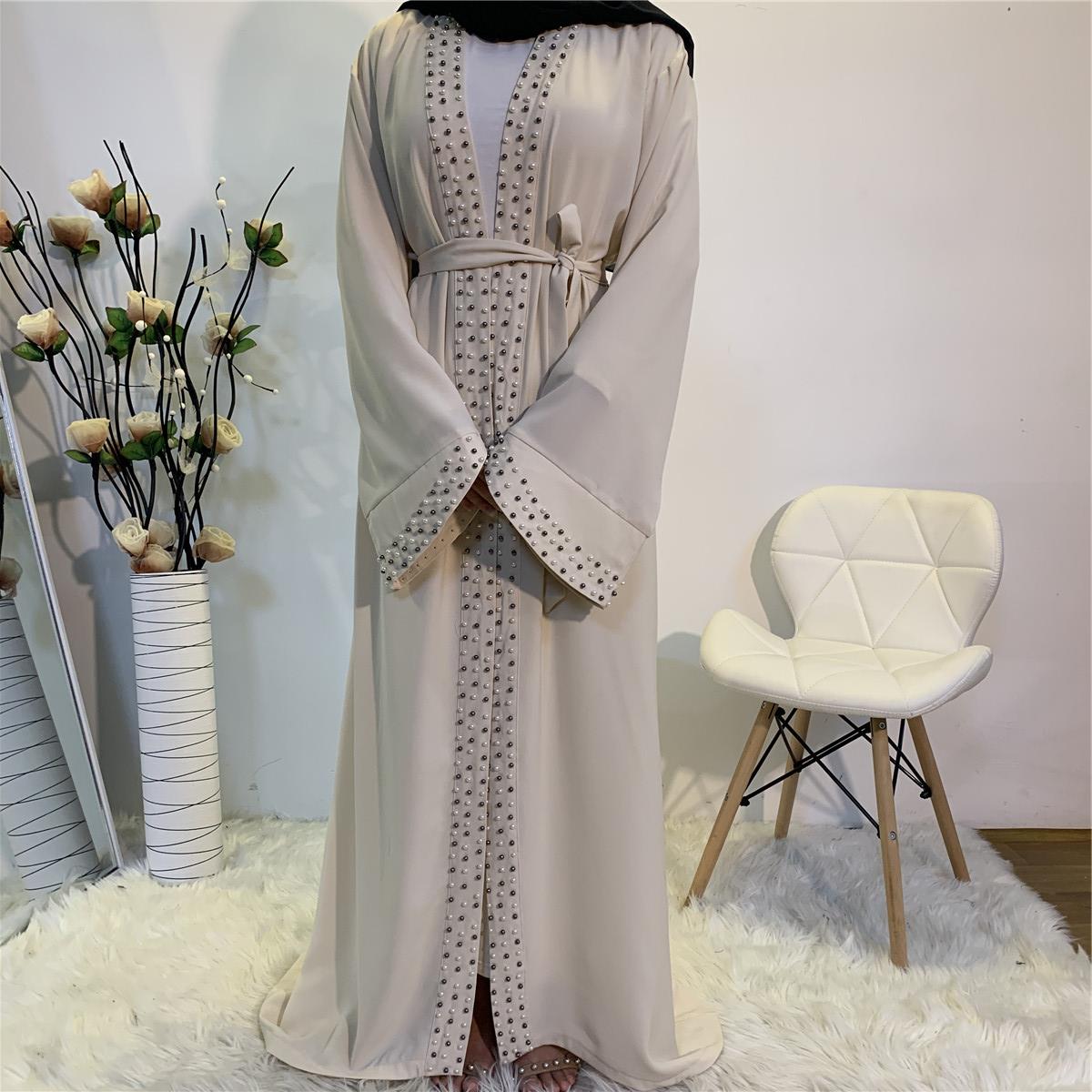 Maheen pearl embellished open abaya with scalloped sleeves