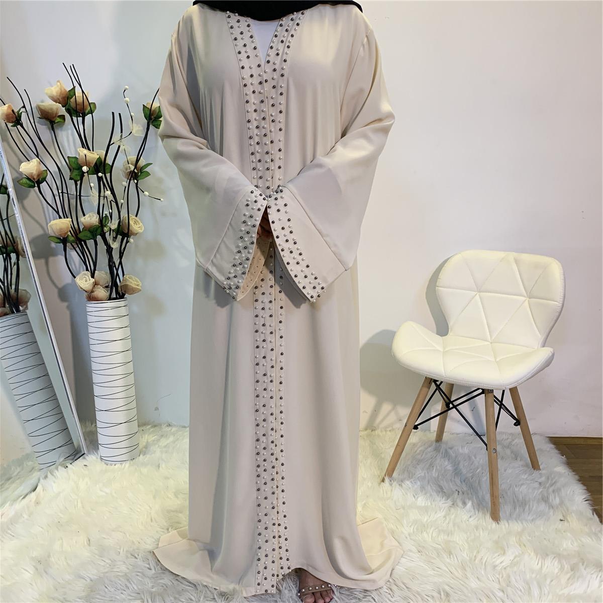 Maheen pearl embellished open abaya with scalloped sleeves