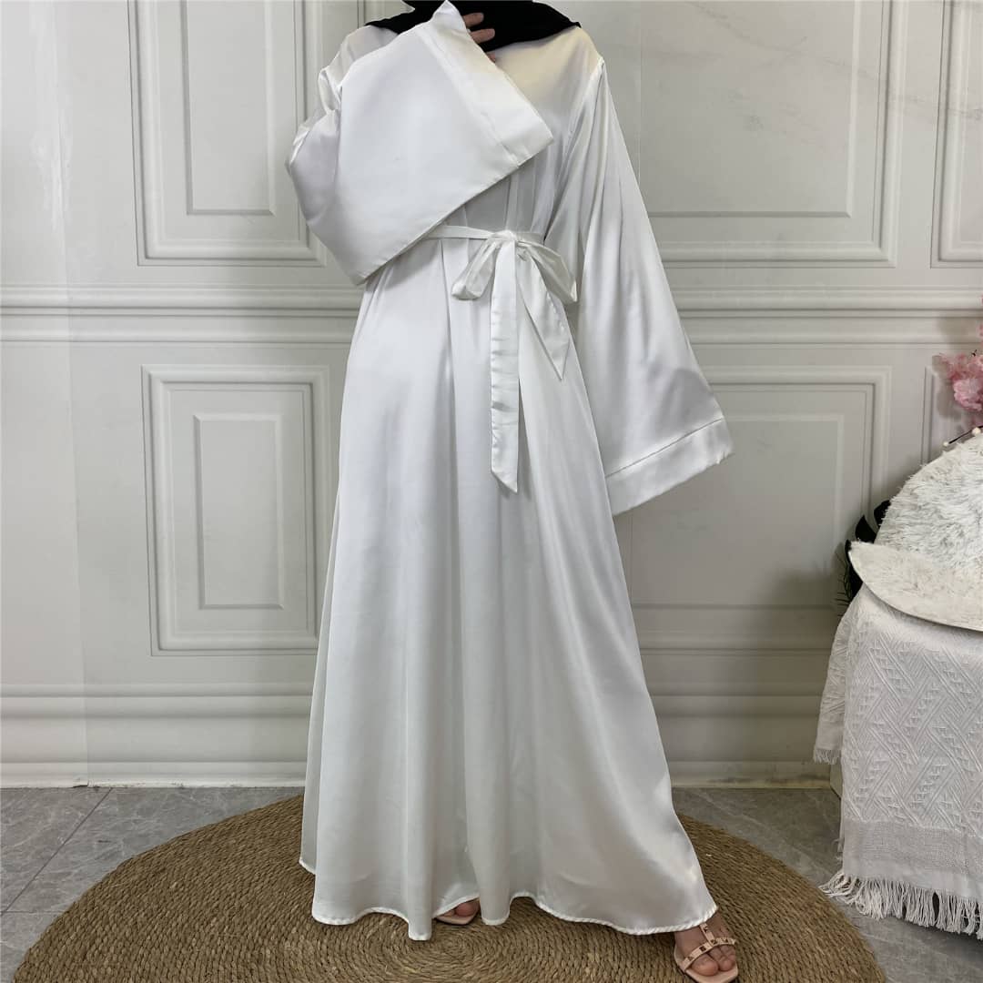 Front view of Hira satin abaya in soft satin fabric with elegant flow