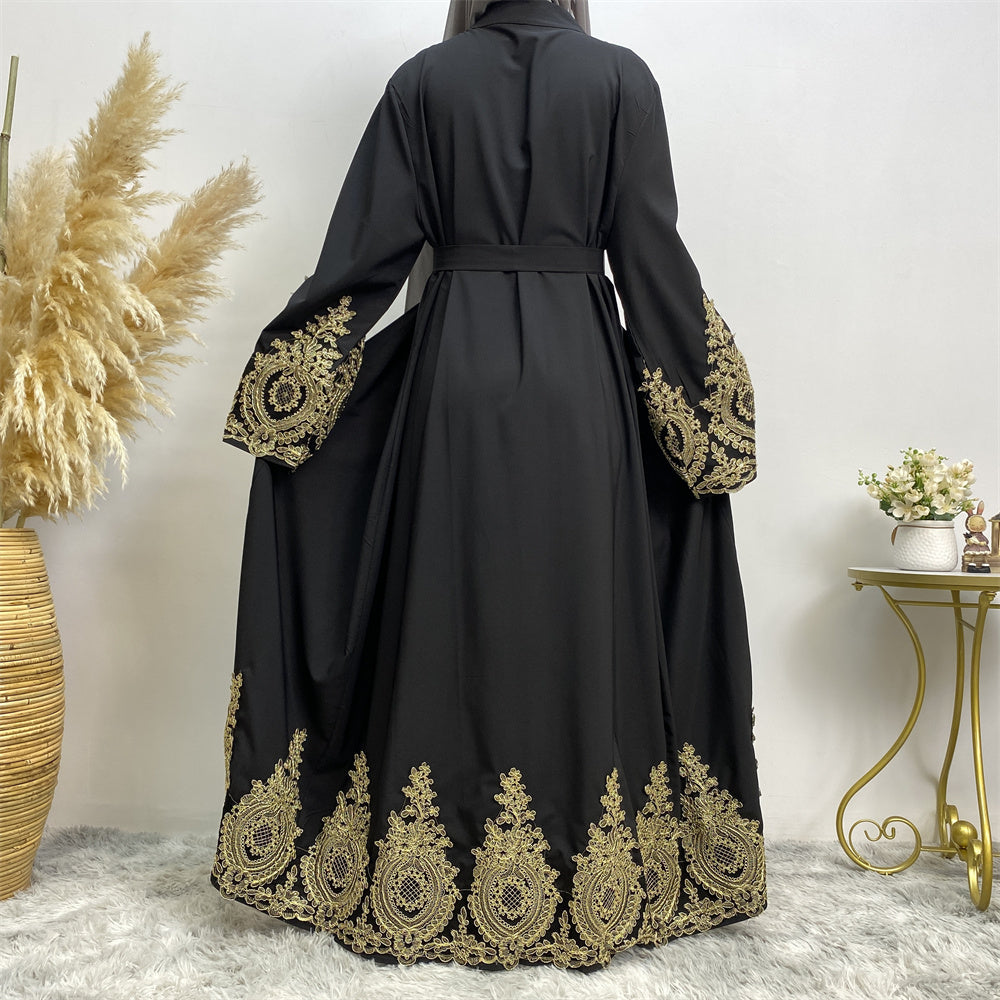 Back view of elegant gold lace border abaya