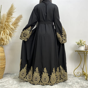 Back view of elegant gold lace border abaya