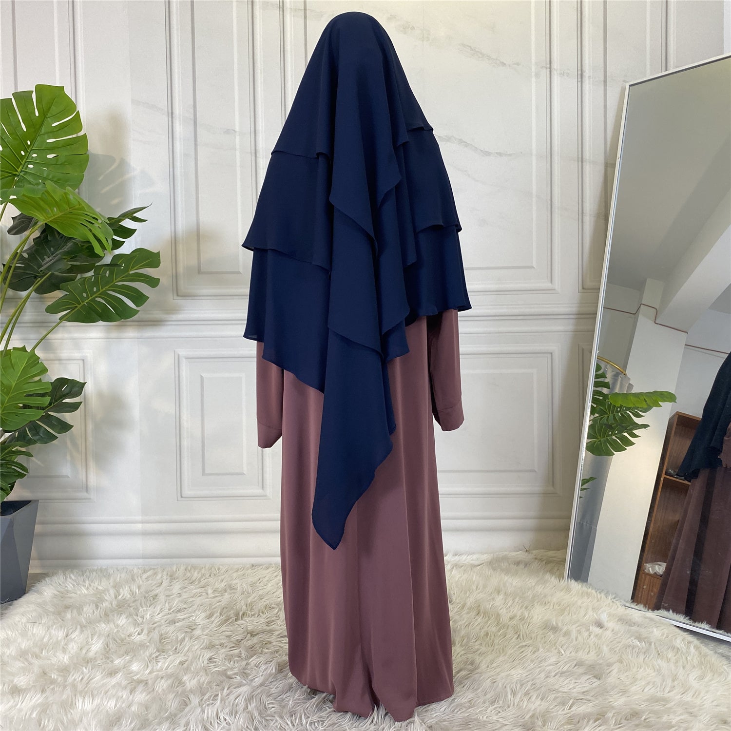 Navy Blue 3 Layer Diamond Georgette Chiffon Khimar