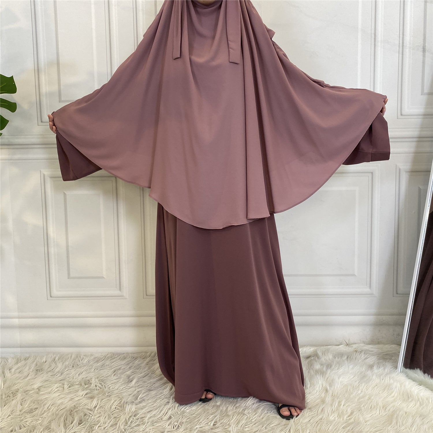 Mauve Purple 3 Layer Diamond Georgette Chiffon Khimar