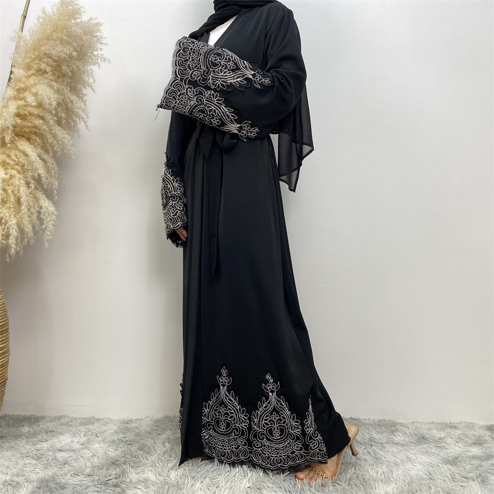 Niyah Black and Silver Lace Black Open Abaya