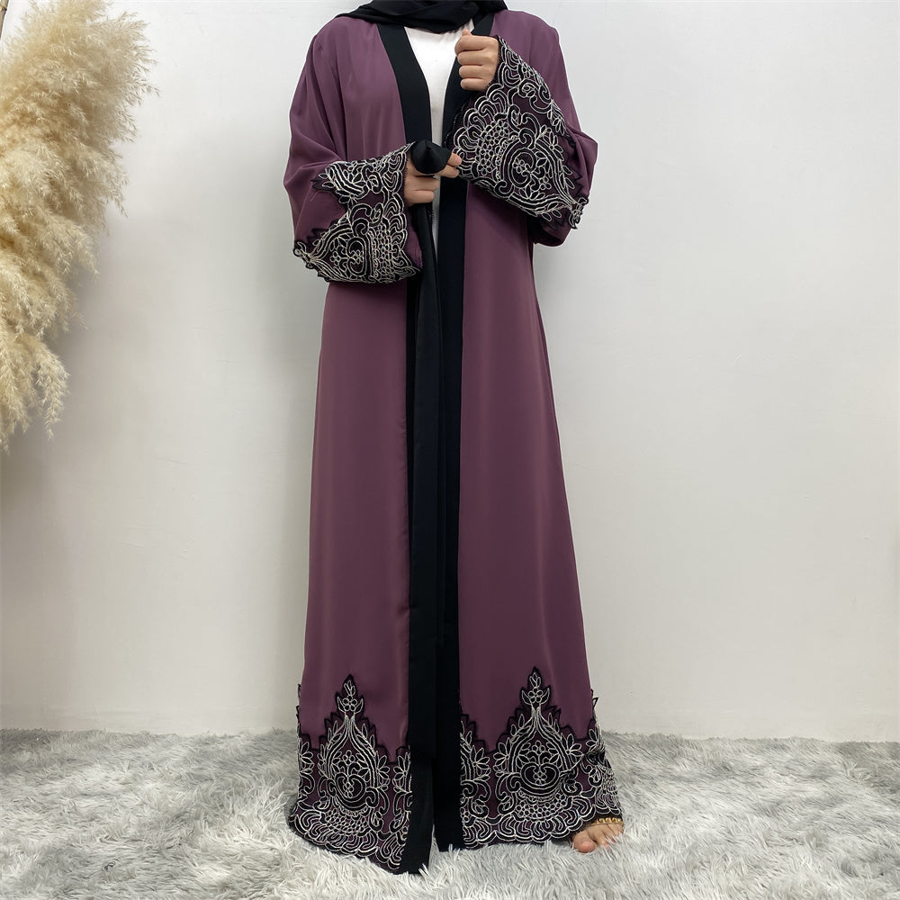 Niyah Black and Silver Lace Mauve Purple Open Abaya
