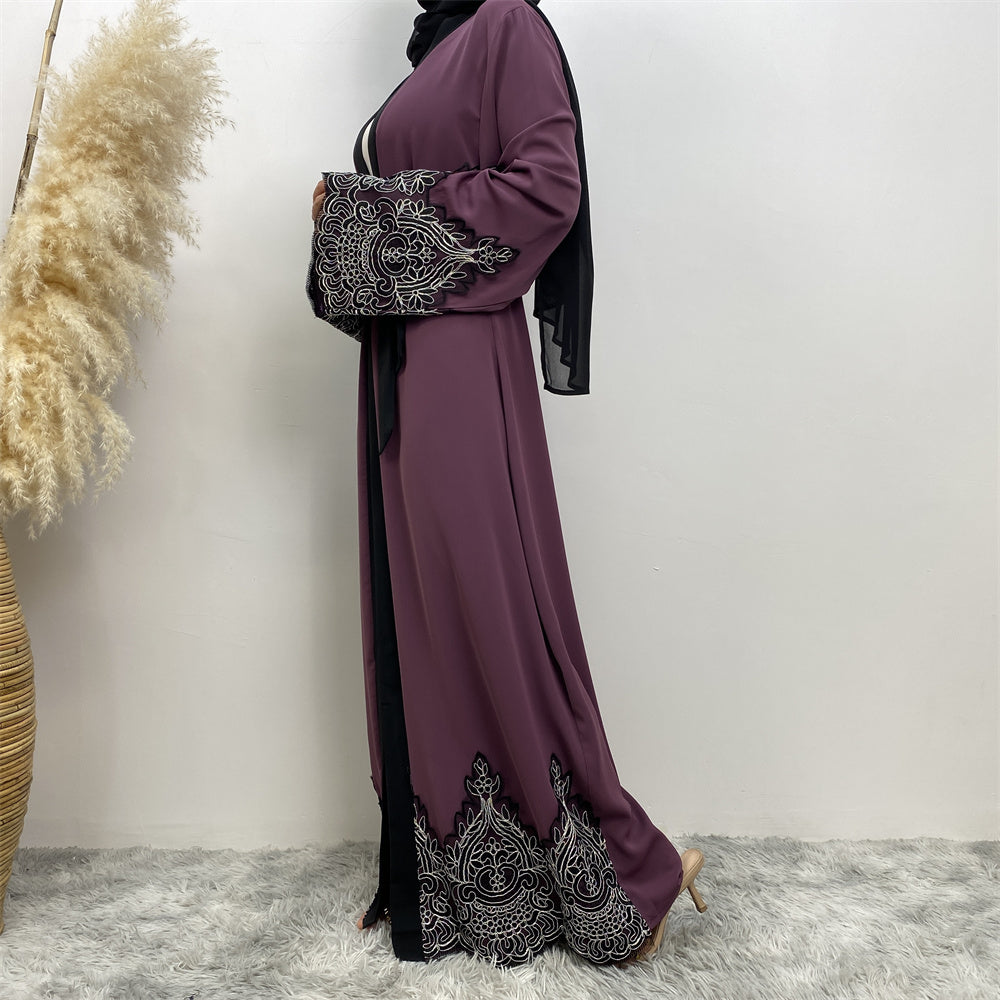 Niyah Black and Silver Lace Mauve Purple Open Abaya