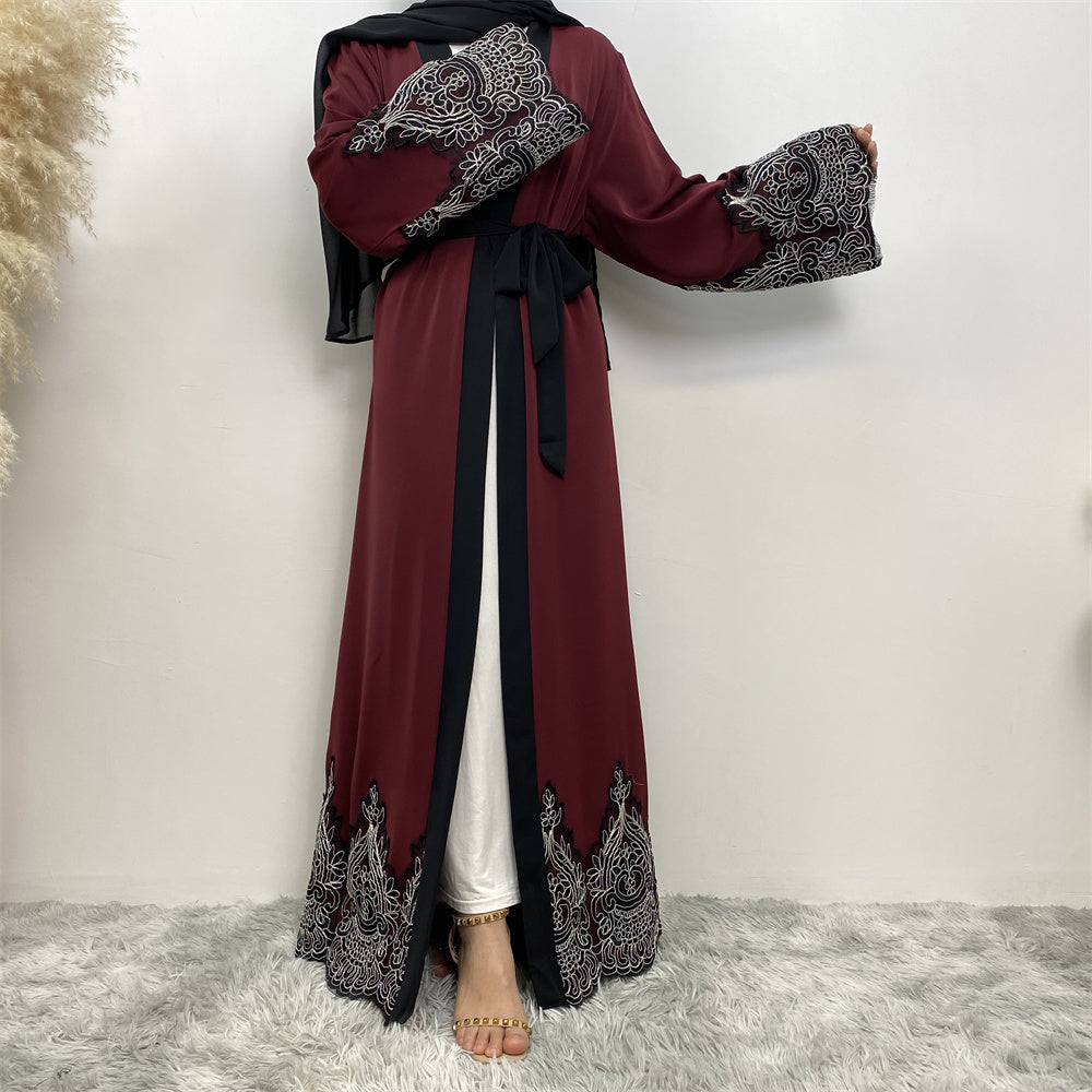 Niyah Black and Silver Lace Maroon Open Abaya