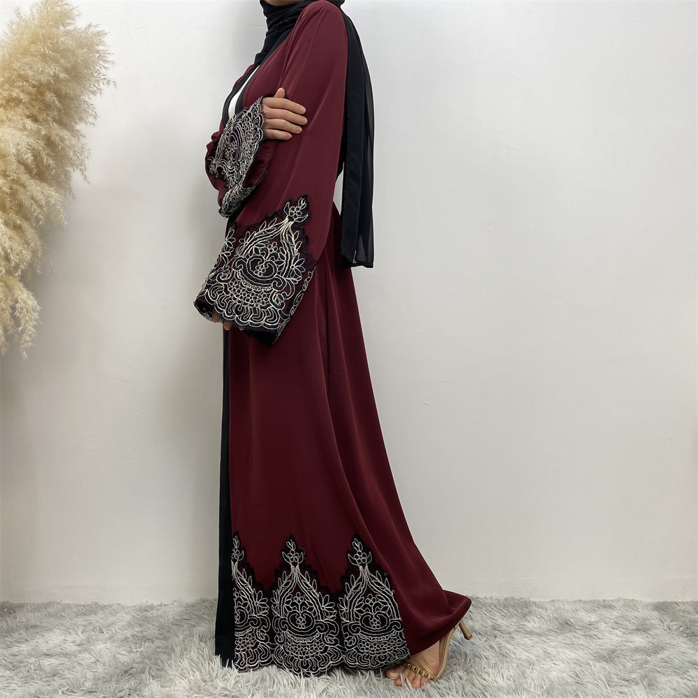 Niyah Black and Silver Lace Maroon Open Abaya