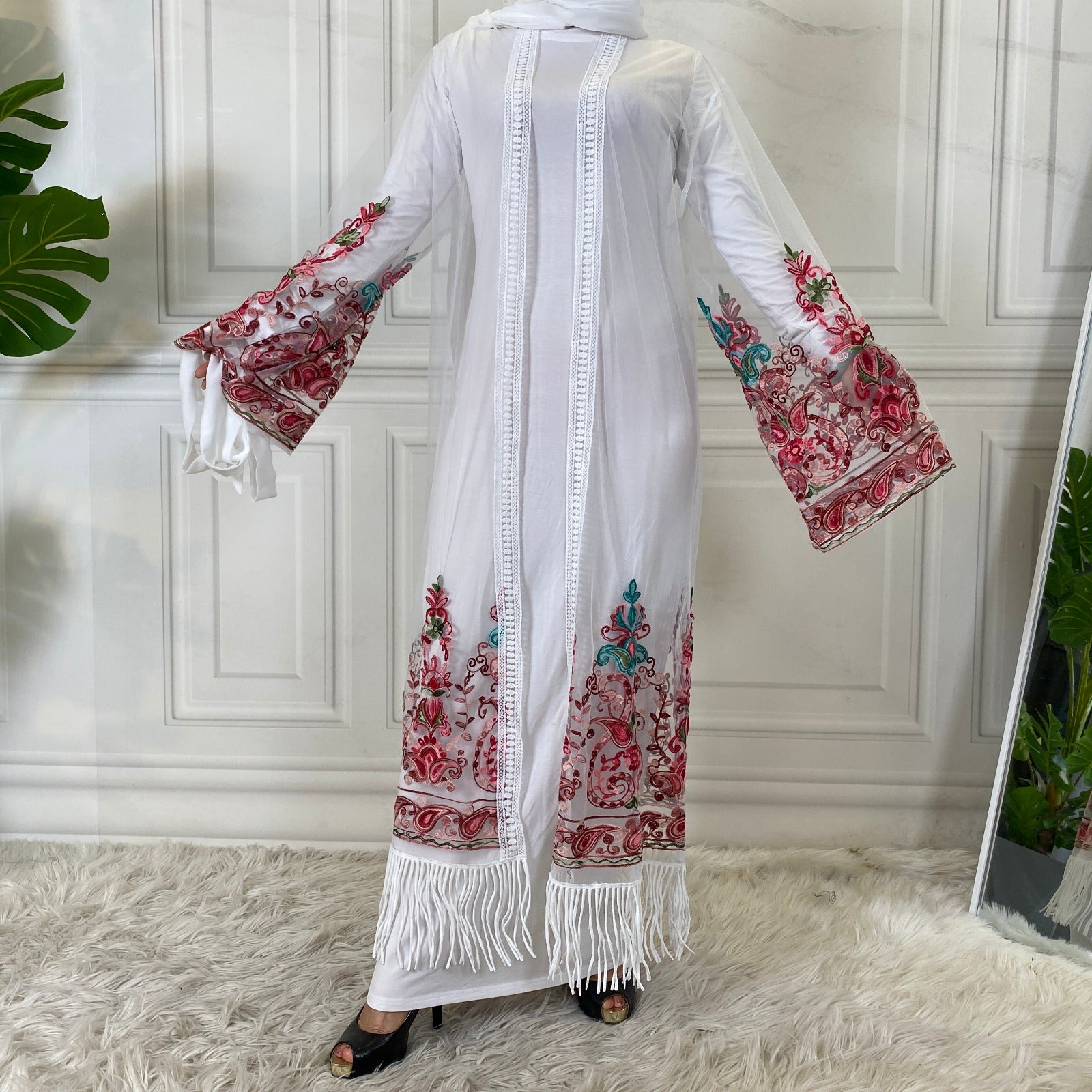 Laiba 4 Embroidered White Net Open Abaya